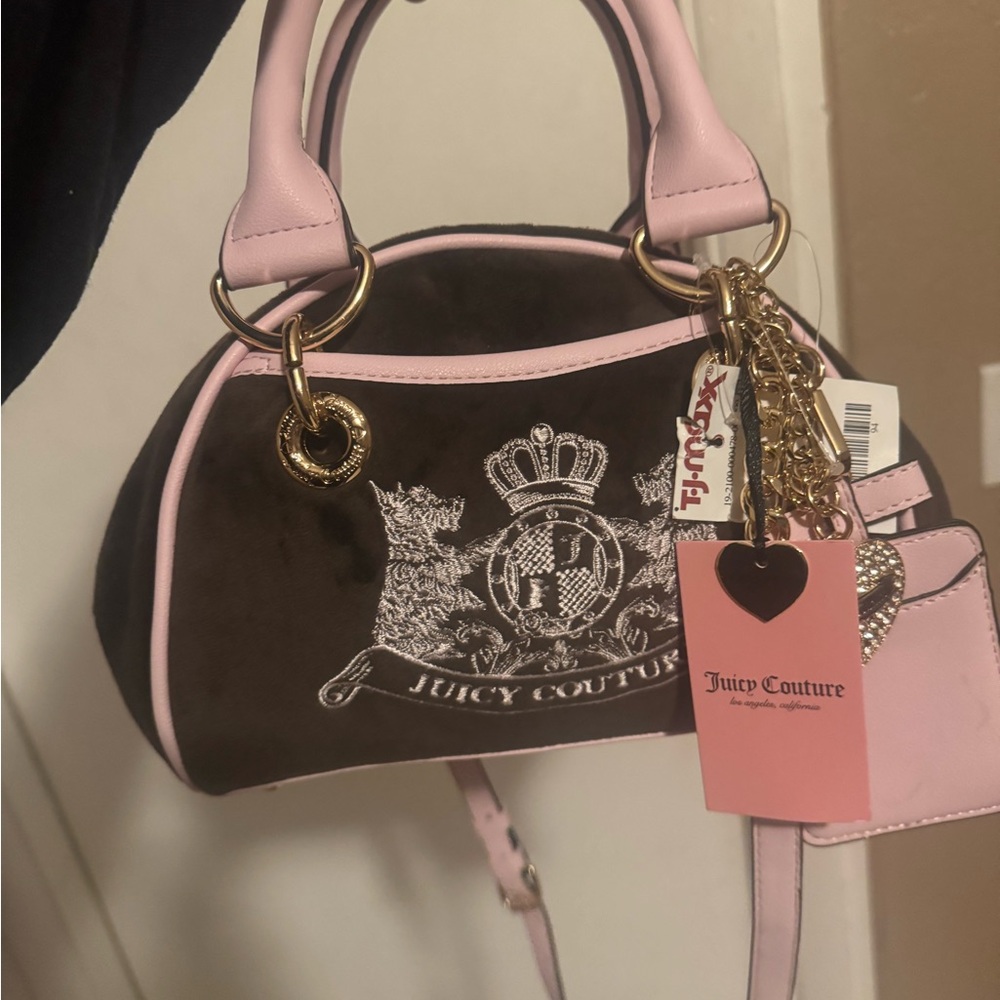 Juicy Couture Brown Velvet Satchel with Pink Trim and Gold